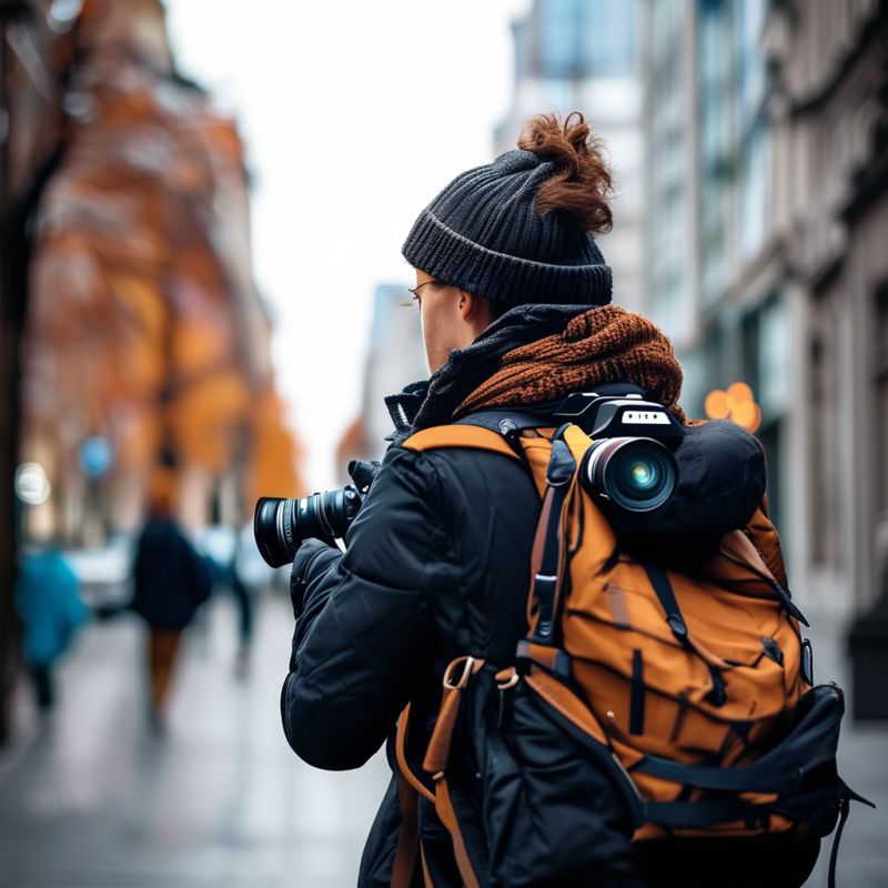 Person Männlich Mit Fotoausrüstung Beim Spaziergang Und Motivsuche In Der Stadt Logo 2 800X800